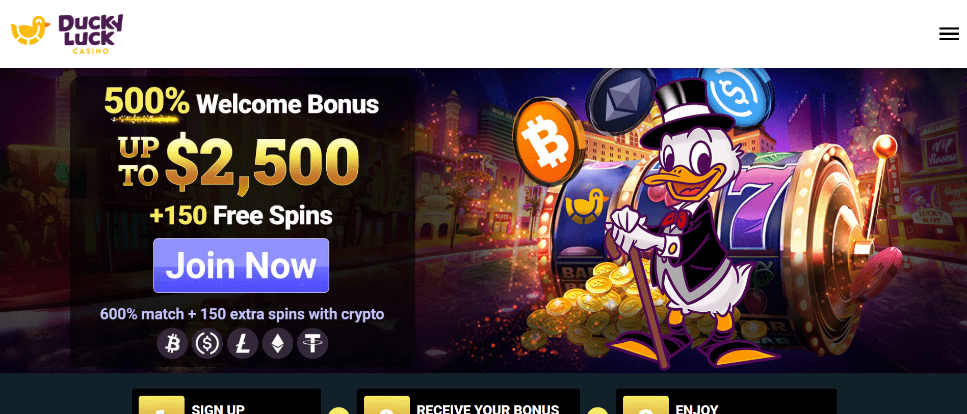 Platform view of Ducky Luck casino showcasing speedy payouts and player support